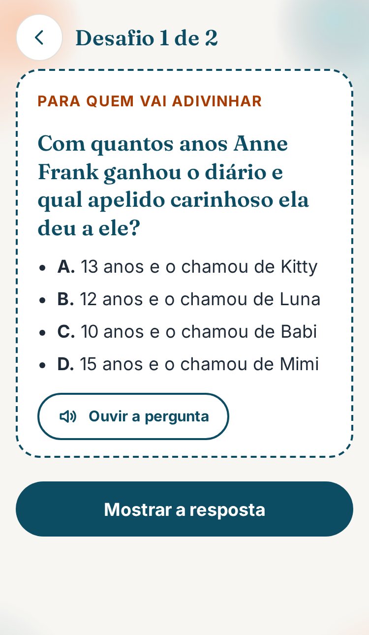 Tela do desafio em família com uma pergunta do livro