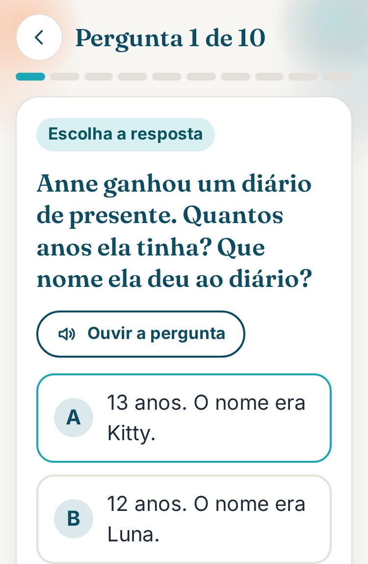 Pergunta do quiz com opções de resposta e botão para ouvir a pergunta