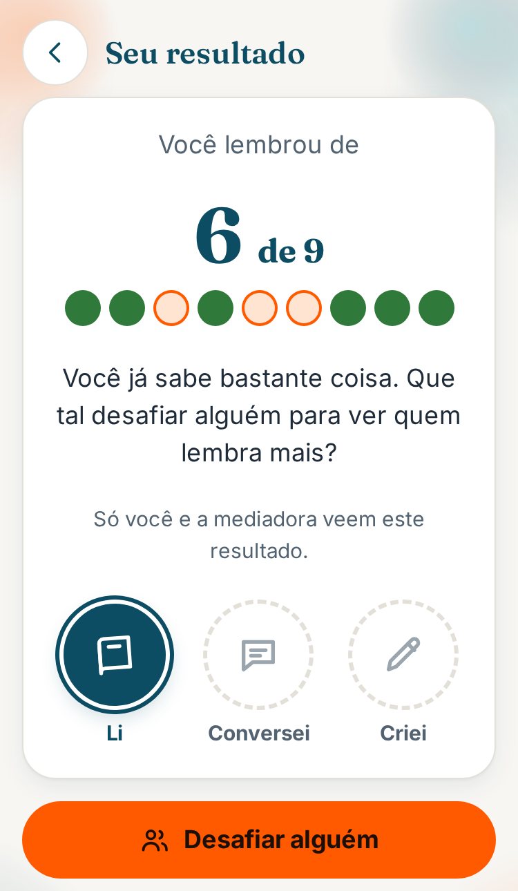 Tela de resultado do quiz com os selos Li, Conversei e Criei